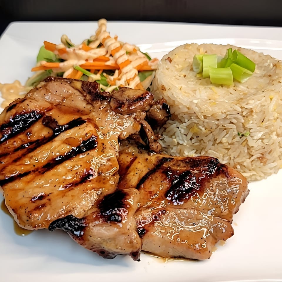 Grilled chicken with char marks, fried rice topped with green onions, and a side salad with dressing.